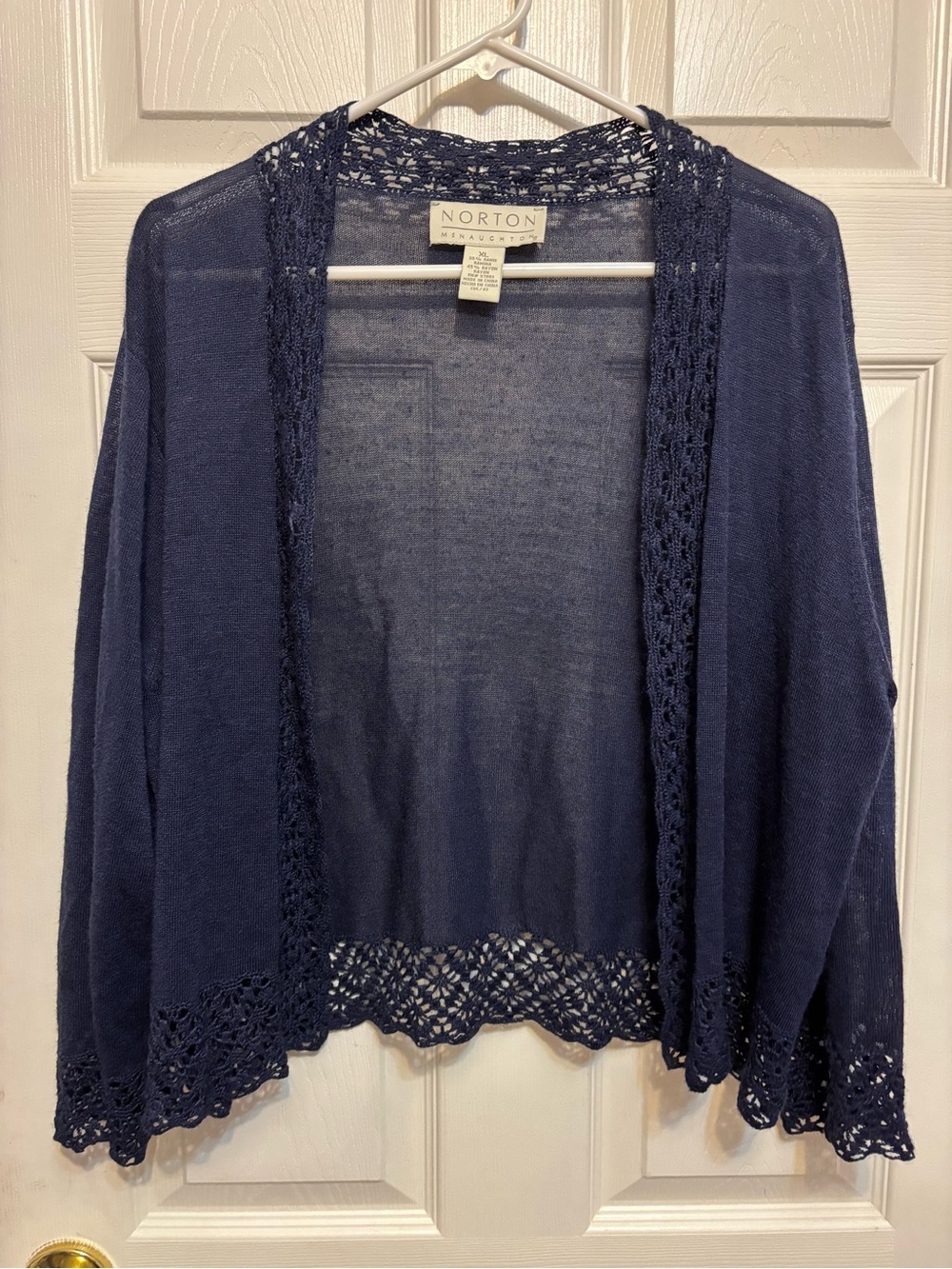 Vintage Norton McNaughton Navy Open Front Cardigan Sweater Crochet Lace XL